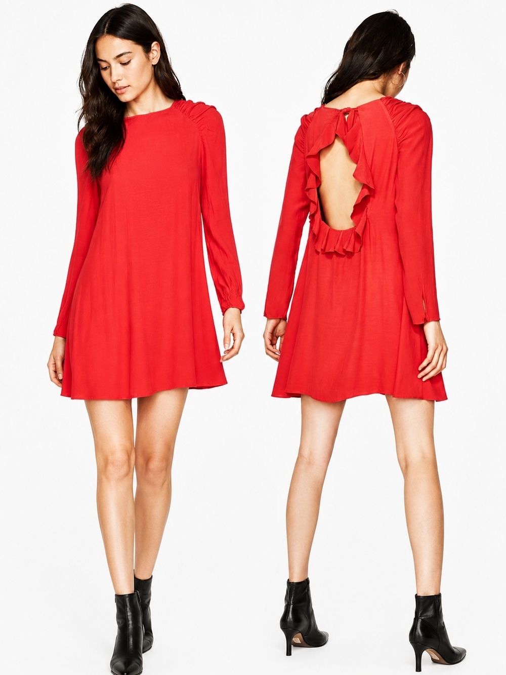 Zara Trafaluc Coral Open Back Shift Dress Ruched Sleeve Mini Size XS